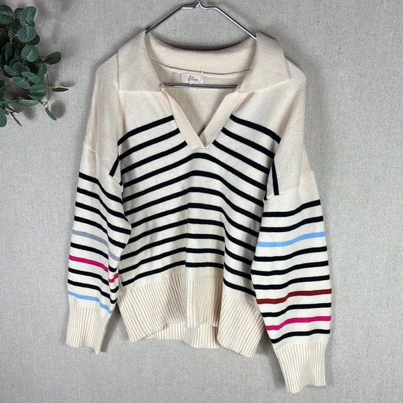 Elan > Cream V Neck Collared Striped Sweater Small - Picture 7 of 9